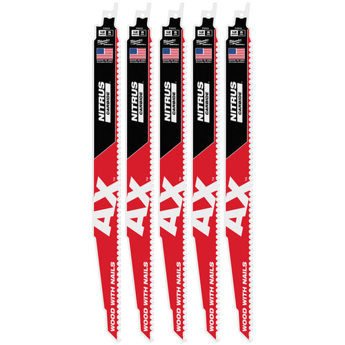 Milwaukee MIL-48-00-7553 12in 5TPI AX w/NITRUS Carbide Teeth SAWZALL Blade for Wood with Nails 5pk