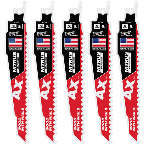 Milwaukee MIL-48-00-7551 6in 5 TPI AX w/NITRUS Carbide Teeth SAWZALL Blade for Wood with Nails 5PK