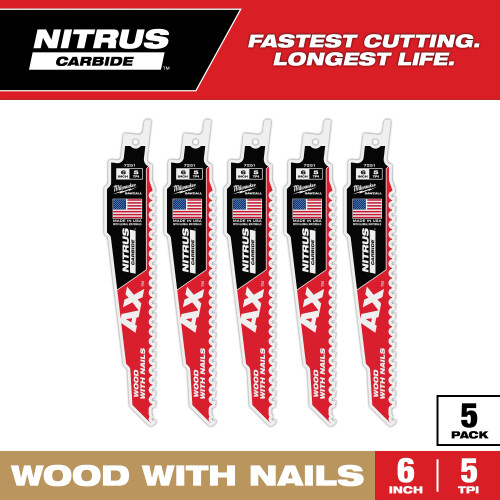 Milwaukee MIL-48-00-7551 6in 5 TPI AX w/NITRUS Carbide Teeth SAWZALL Blade for Wood with Nails 5PK