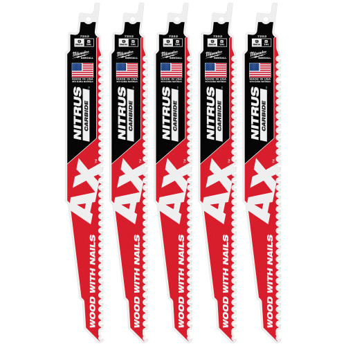 Milwaukee MIL-48-00-7552 9in 5 TPI AX w/NITRUS Carbide Teeth SAWZALL Blade for Wood with Nails 5pk