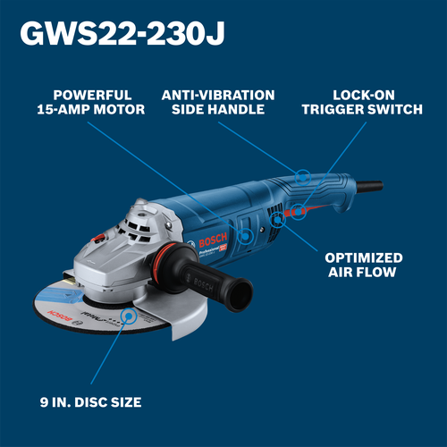Bosch BOS-GWS22-230J 9in Large Angle Grinder 15 Amp with Lock-On Trigger Switch