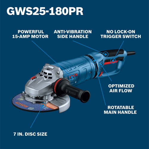 Bosch BOS-GWS25-180PR 7in Large Angle Grinder 15 Amp No Lock-On Trigger Switch with Rotatable Main Handle