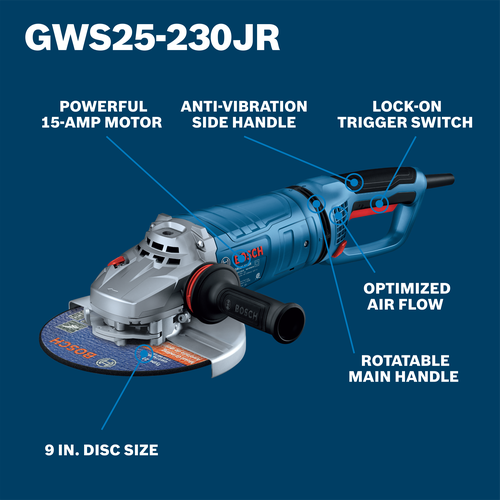Bosch BOS-GWS25-230JR 9in Large Angle Grinder 15 Amp with Lock-On Trigger Switch and Rotatable Main Handle