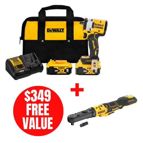 DEWALT DEW-DCF921P2-DCF510B ATOMIC 20V MAX 1/2in Impact Wrench 2x 5.0Ah Kit + XR Brushless 3/8in & 1/2in Sealed Head Ratchet Bare Tool