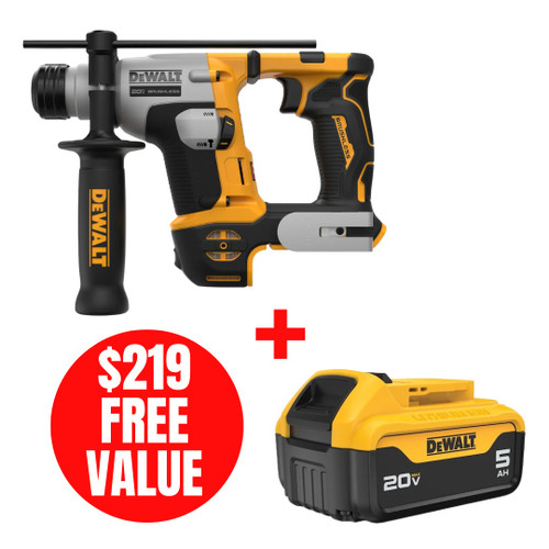 DEWALT DEW-DCH172B-DCB205 ATOMIC 20V MAX 5/8in Brushless Cordless SDS Plus Rotary Hammer Bare Tool + 20V MAX 5.0Ah Battery