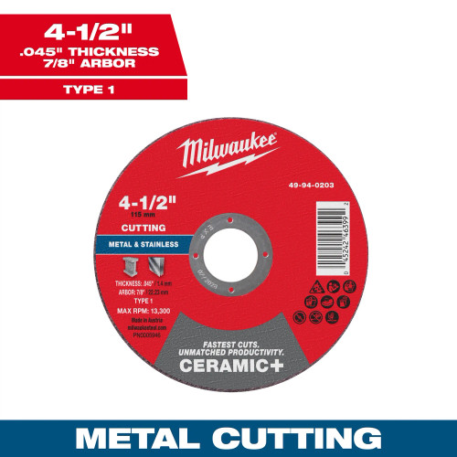 Milwaukee MIL-49-94-0203 Ceramic Plus Metal Cut-Off Wheel 4-1/2in x 0.045in x 7/8in Type 1, 25-Pack
