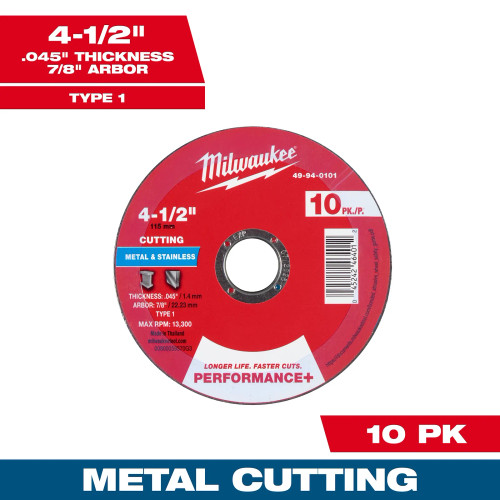 Milwaukee MIL-49-94-0101 4-1/2in x 0.045in x 7/8in Performance Plus Metal Cut Off Wheel Type 1 10-Pack