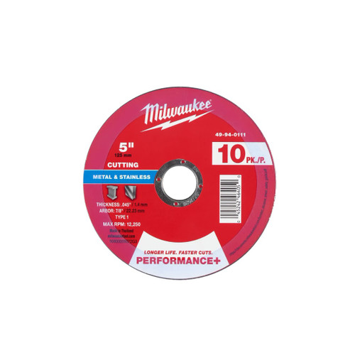 Milwaukee MIL-49-94-0111 5in x 0.045in x 7/8in Performance Plus Metal Cut Off Wheel Type 1 10-Pack