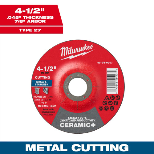 Milwaukee MIL-49-94-0207 Ceramic Plus Metal Cut-Off Wheel 4-1/2in x 0.045in x 7/8in Type 27