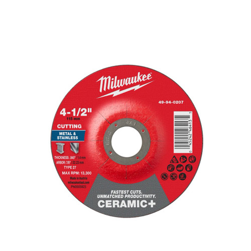 Milwaukee MIL-49-94-0207 Ceramic Plus Metal Cut-Off Wheel 4-1/2in x 0.045in x 7/8in Type 27