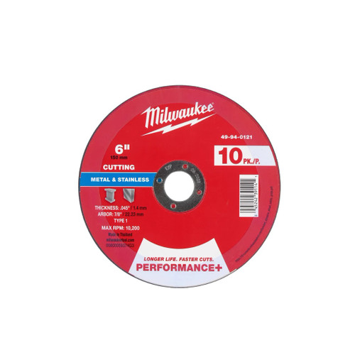 Milwaukee MIL-49-94-0121 6in x 0.045in x 7/8in Performance Plus Metal Cut Off Wheel Type 1 10-Pack