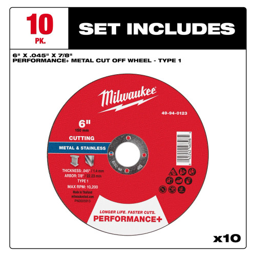 Milwaukee MIL-49-94-0121 6in x 0.045in x 7/8in Performance Plus Metal Cut Off Wheel Type 1 10-Pack