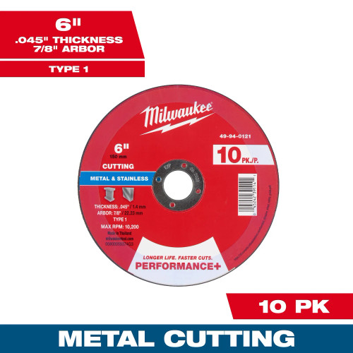 Milwaukee MIL-49-94-0121 6in x 0.045in x 7/8in Performance Plus Metal Cut Off Wheel Type 1 10-Pack