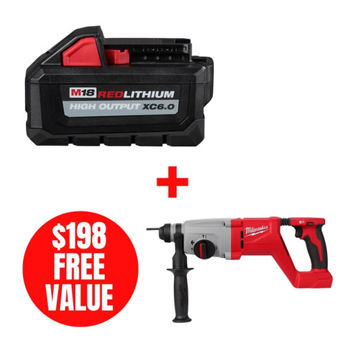 Milwaukee MIL-48-11-1865-2613-20 M18 REDLITHIUM HIGH OUTPUT XC6.0 Battery + M18 Brushless 1in SDS Plus D-Handle Rotary Hammer