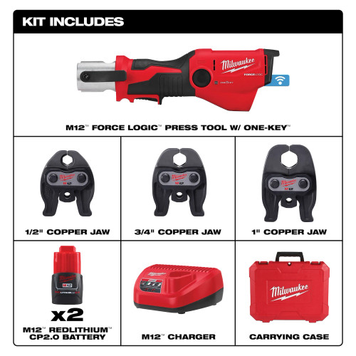 Milwaukee MIL-2573-22 M12 FORCE LOGIC 12V Press Tool Kit w/ ONE-KEY 1/2in-1in CTS-V Jaws 2x 2.0Ah Kit