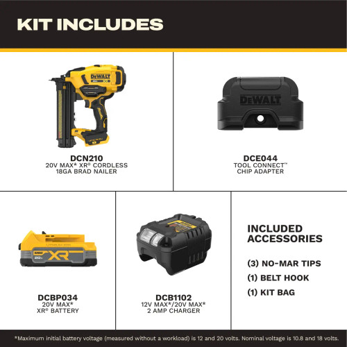 DEWALT DEW-DCN210E1 20V MAX XR 18GA Brad Nailer 2.0Ah Kit