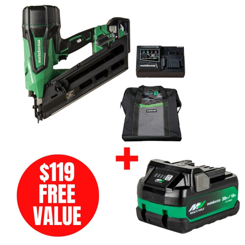 Metabo HPT HPT-NR3690DCM-380083M NR3690DCM 36V MultiVolt 30-Degree Paper Strip Framing Nailer + MultiVolt 18V/36V 5.0Ah/2.5Ah Water and Impact Resistant Battery