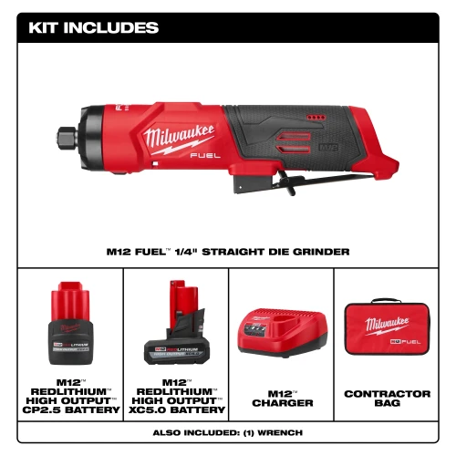 Milwaukee MIL-3486-22 M12 FUEL 12V 1/4in Straight Die Grinder 5.0Ah + 2.5Ah Kit