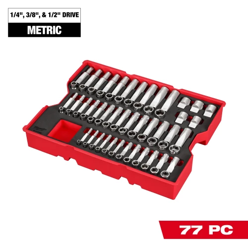 Milwaukee MIL-48-22-0150 77-Piece 1/4in, 3/8in & 1/2in Drive Metric Socket Set with PACKOUT Drawer Tray
