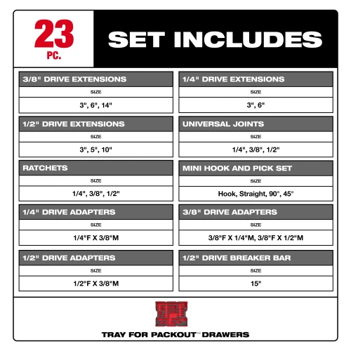Milwaukee MIL-48-22-0153 23-Piece 1/4in, 3/8in & 1/2in Drive Ratchet & Accessory Set with PACKOUT Drawer Tray