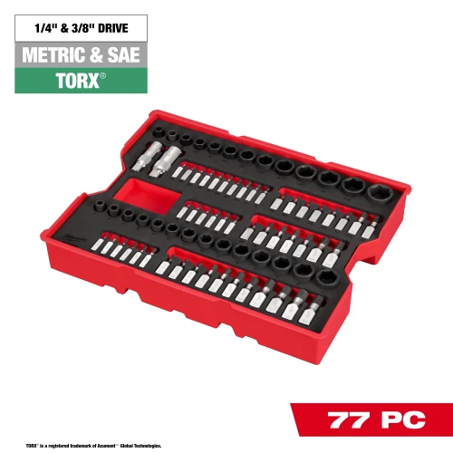 Milwaukee MIL-48-22-0152 77-Piece 1/4in & 3/8in Drive Metric, SAE & Torx Socket Set with PACKOUT Drawer Tray