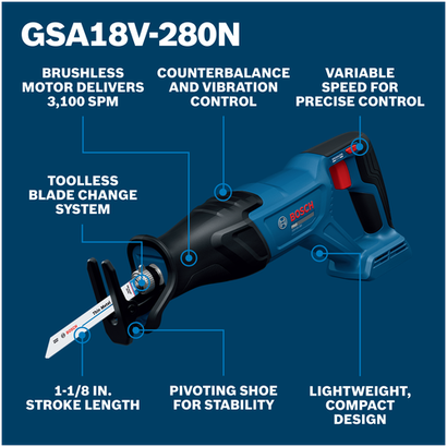 Bosch BOS-GSA18V-280N 18V Brushless 1-1/8in Reciprocating Saw Bare Tool