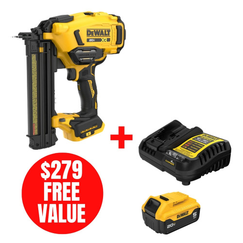 DEWALT DEW-DCN210B-DCB205C GEN2 20V MAX XR Brushless 18GA Cordless Brad Nailer + 5.0Ah Starter Kit