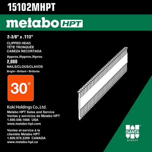 Metabo HPT HPT-15102HPT 2-3/8in x .113in Smooth Shank Basic Bright Clipped Head Paper Tape Framing Nails 4800-Pack