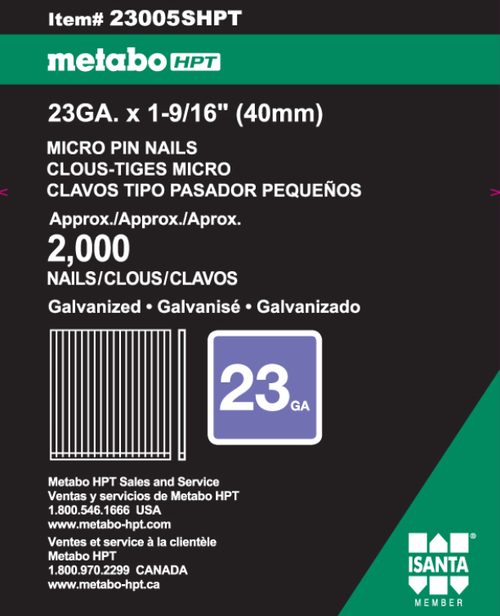 Metabo HPT HPT-23005SHPT 1-9/16in x 23 GA Electro-Galvanized Headless Pins 2000-Pack