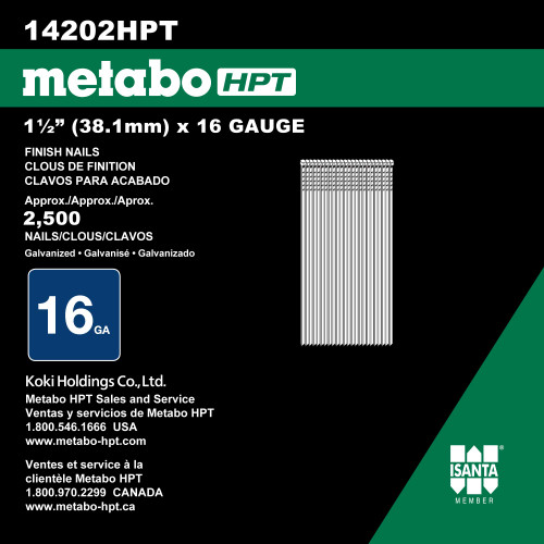 Metabo HPT HPT-14202HPT 1-1/2in x 16 GA Electro-Galvanized Straight Finish Nails 2500-Pack