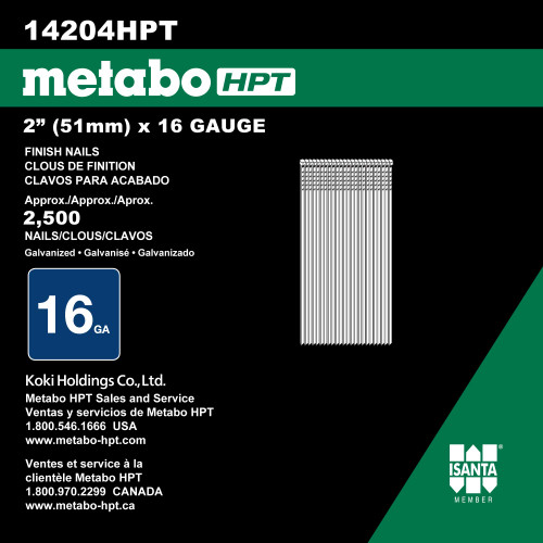 Metabo HPT HPT-14204HPT 2in x 16 GA Electro-Galvanized Straight Finish Nails 2500-Pack