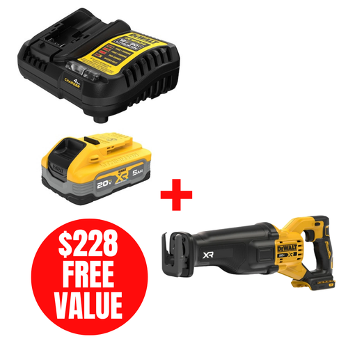 DEWALT DEW-DCBP520C-DCS384B 20V MAX XR 5.0Ah Starter Kit + DCS384B Reciprocating Saw Bare Tool