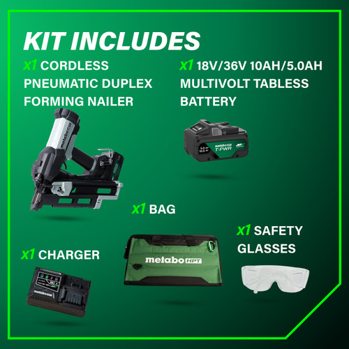 Metabo HPT HPT-NR1875DDAQRY NR1875DDAQRY 18V Brushless 21° Cordless Pneumatic 3in Duplex Forming Nailer 10.0Ah Kit
