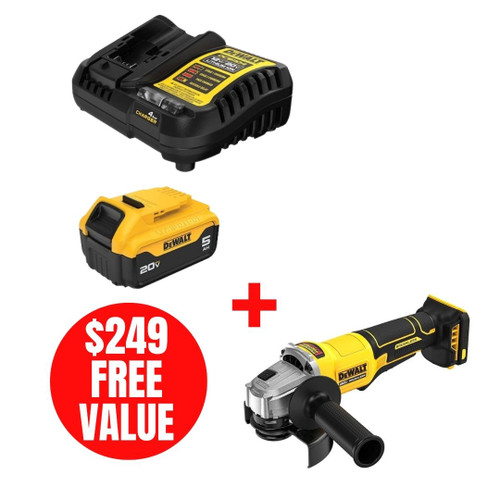 DEWALT DEW-DCB205C-DCG408B 20V MAX 5.0Ah Battery and Charger Starter Kit + 4-1/2in Brushless Paddle-Switch Grinder
