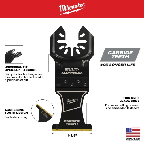 Milwaukee OPEN-LOK 1-3/8in Carbide Teeth Multi-Material Multi-Tool Blade features