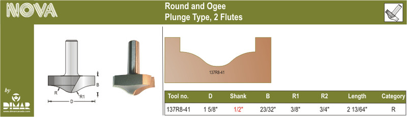 Dimar DIM-137R8-41 Round And Ogee Plunge Type Bit