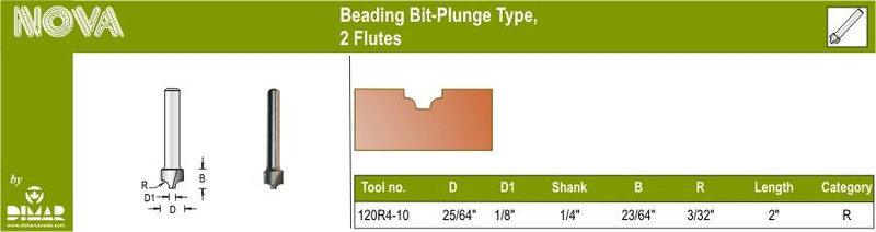 Dimar DIM-120R4-10 Beading Bit Plunge Type, 2 Flute