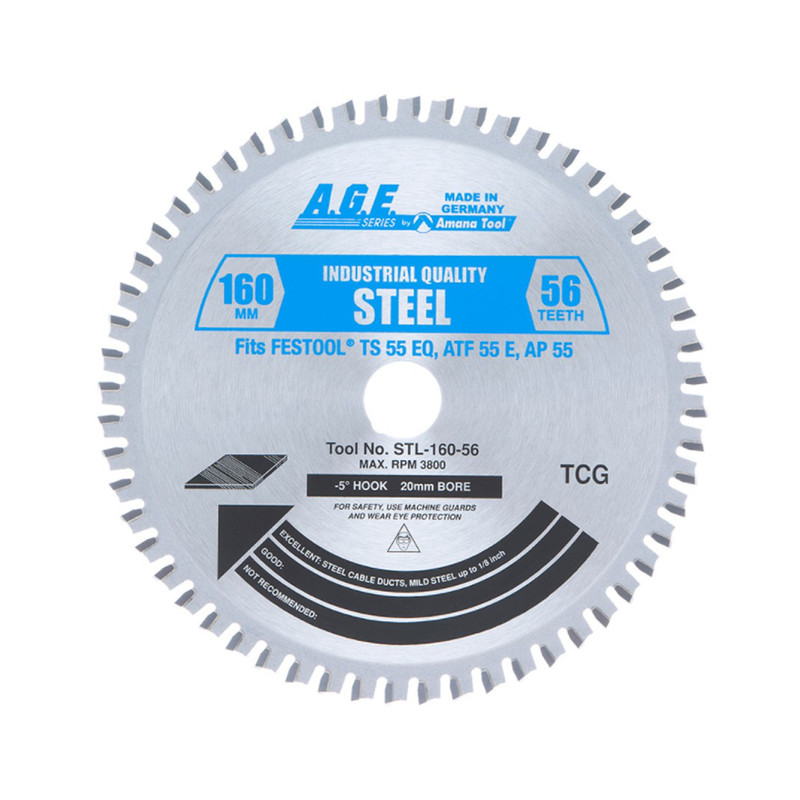 Amana AMA-STL16056 TS 55 Carbide Tipped, Steel Circular Saw Blade, 160mm Dia x 56T TCG, -5 Deg, 20mm Bore