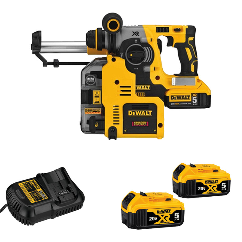 DEWALT DEW-DCH273P2DHO 20V MAX XR Brushless 1in L-shape SDS Plus Rotary Hammer Kit With On Board Dust Extractor and 2x 5.0Ah Batteries
