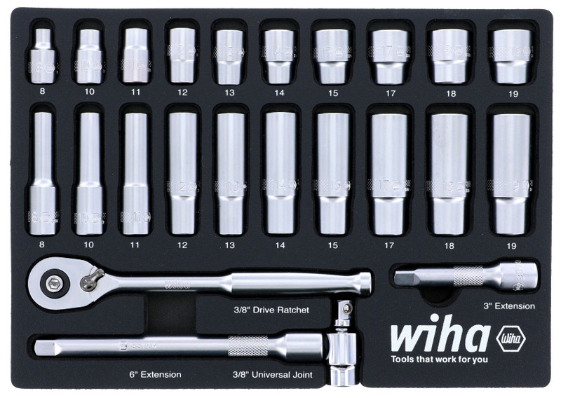 Wiha Tools WIHA-33795 24 pc 3/8in Drive Professional Socket Foam Laser Cut Set - Metric