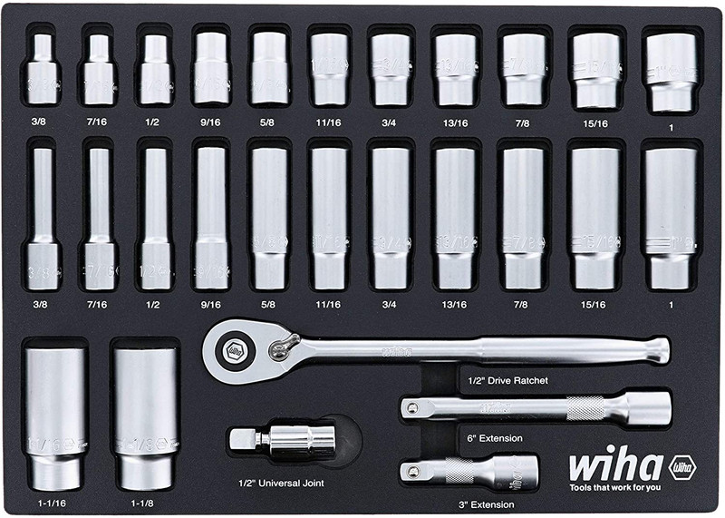 Wiha Tools WIHA-33896 28 pc 1/2in Drive Professional Standard and Deep Socket Foam Laser Cut Set - SAE