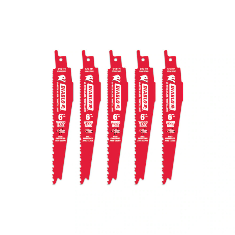 Diablo FRE-DS0612BW5C 6in 6/12TPI Bi-Metal Reciprocating Saw Blade for Nail Embedded Wood Cutting (5 pk)