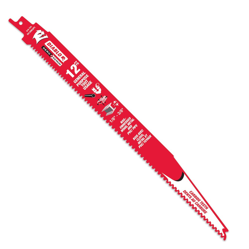 Diablo FRE-DS1209CGPC Demo Demon 12in 6/9TPI Carbide Tipped General Purpose Reciprocating Saw Blade for Nail Embedded Wood/Metal Cutting