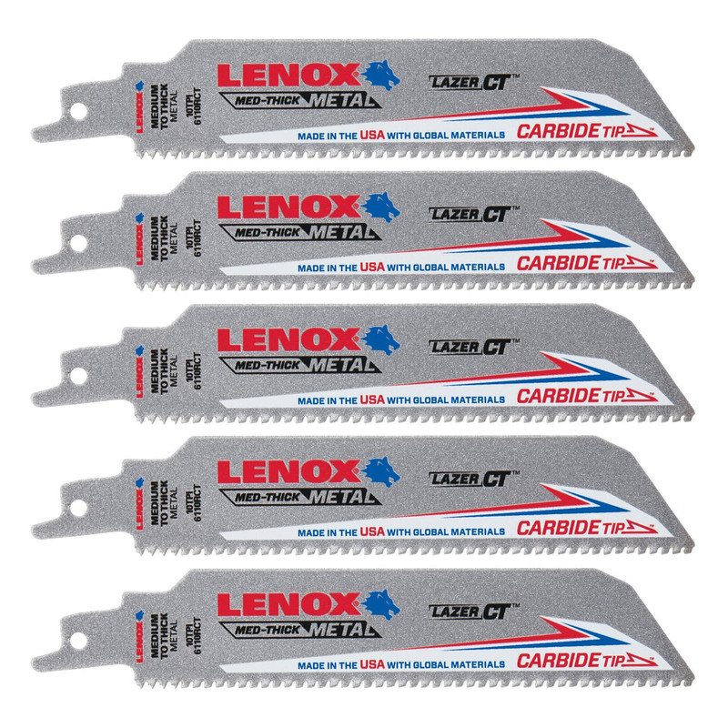 Lenox LEN-LXAR6110CT LXAR6110CT Lazer CT 6in 10 TPI Carbide-Tipped Reciprocating Saw Blade, 5-Piece