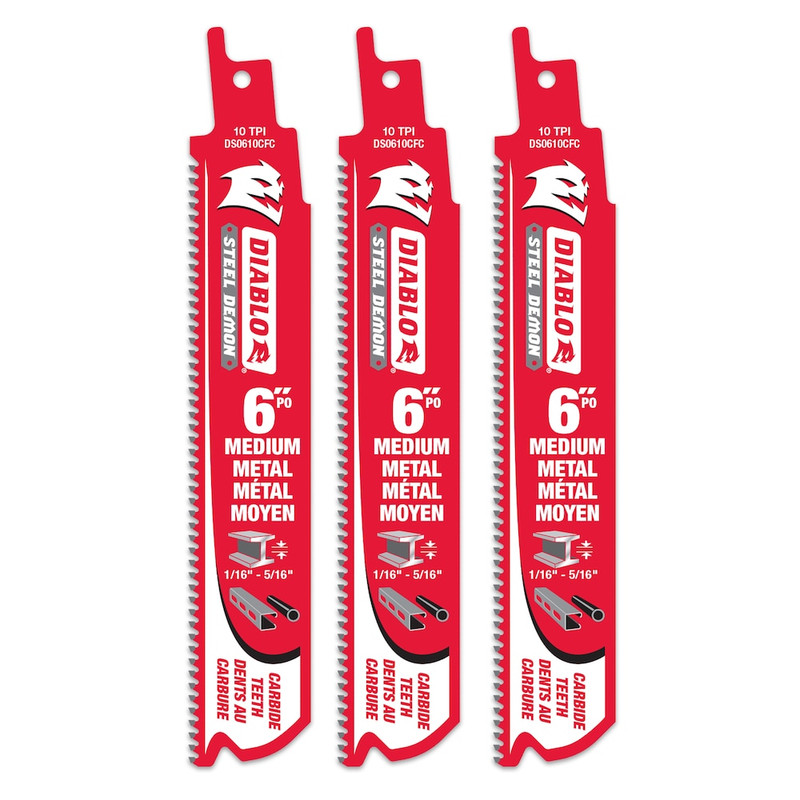 Diablo FRE-DS0610CF3C 6in X 10TPI Steel Demon Carbide Tipped Reciprocating Saw Blade for Medium Metal Cutting (3pk)