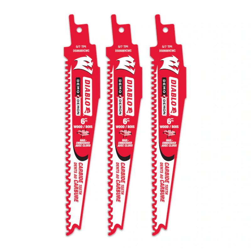 Diablo FRE-DS0606VCW3C Demo Demon 6in 5/7 TPI Carbide Tipped Reciprocating Saw Blade for Nail Embedded Wood Cutting (3pk)