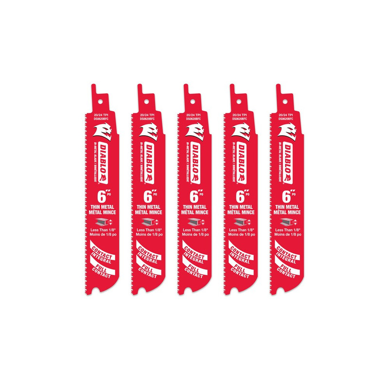 Diablo FRE-DS0620BF5C 6in 20/24TPI Bi-Metal Reciprocating Saw Blade for Thin Metal Cutting (5pk)