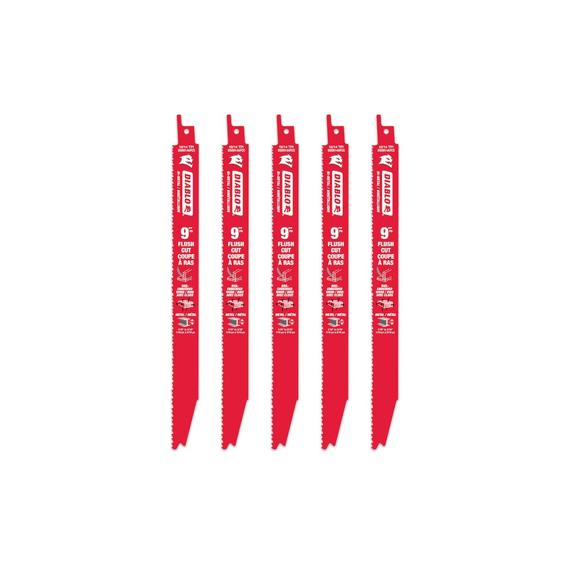 Diablo FRE-DS0914AFC5C 9in 10/14 TPI Bi-Metal Reciprocating Saw Blade for Flush Nail Embedded Wood/Metal/Plastic Cutting (5pk)
