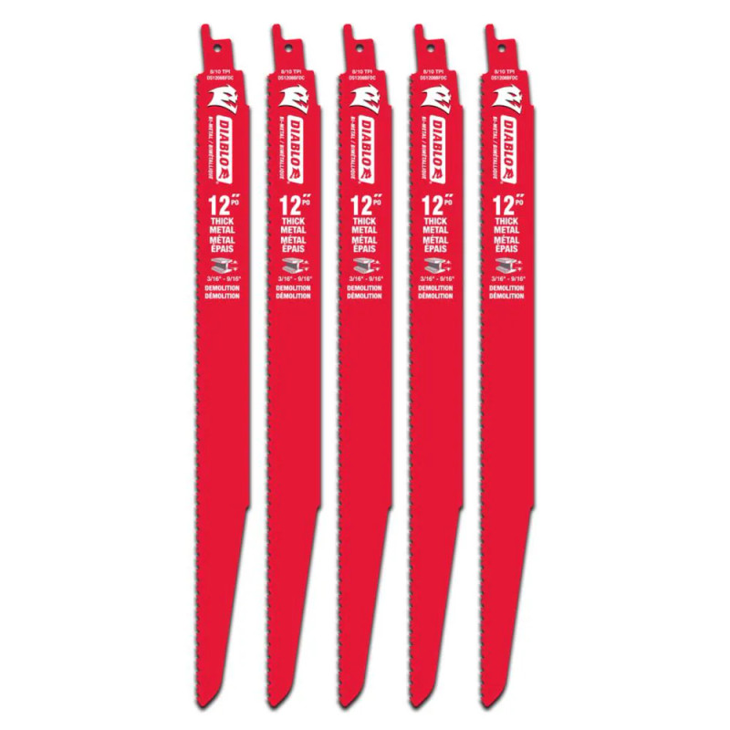 Diablo FRE-DS1208BFD5C 12in 8/10TPI Bi-Metal Reciprocating Blade for Thick Metal/Demolition (5-Pack)