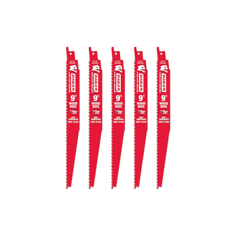Diablo FRE-DS0912BW5C 9in 6/12TPI Bi-Metal Reciprocating Saw Blade for Nail Embedded Wood Cutting (5pk)